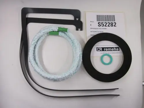 Set mit verschiedenen Dichtungen und Halteclip für den Remeha Brenner. Enthält Gummi- und Gewebedichtungen sowie schwarze Halteclips.